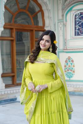 Women's parrot green faux georgette 5 layer frill work anarkali dress with dupatta 3