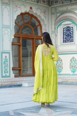 Women's parrot green faux georgette 5 layer frill work anarkali dress with dupatta 4