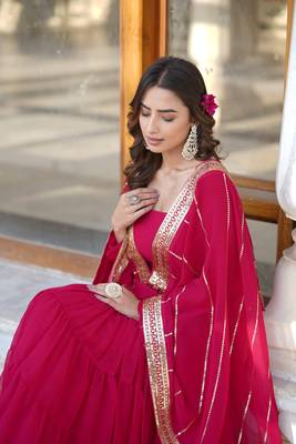 Women's rani pink faux georgette 5 layer frill work anarkali dress with dupatta 4