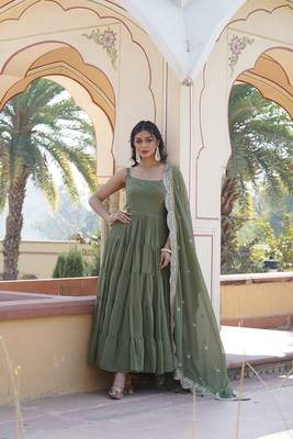 Women's mehendi faux georgette 5 layer frill work anarkali dress with dupatta 1