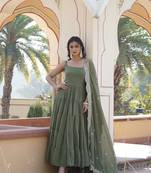 Women's mehendi faux georgette 5 layer frill work anarkali dress with dupatta