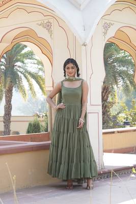 Women's mehendi faux georgette 5 layer frill work anarkali dress with dupatta 2