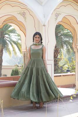 Women's mehendi faux georgette 5 layer frill work anarkali dress with dupatta 3