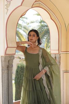 Women's mehendi faux georgette 5 layer frill work anarkali dress with dupatta 4