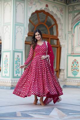 Women's rani pink faux georgette sequins embroidered anarkali dress with dupatta 1
