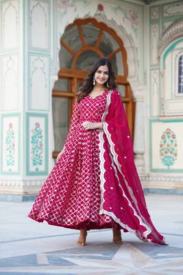 Women's rani pink faux georgette sequins embroidered anarkali dress with dupatta 2
