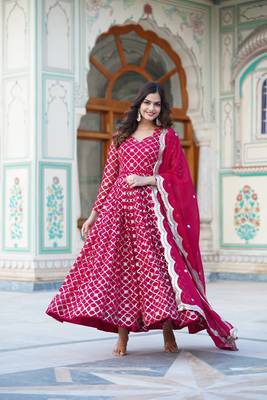 Women's rani pink faux georgette sequins embroidered anarkali dress with dupatta 3