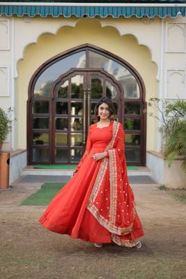 Women's orange russian silk kali pattern work in flair anarkali dress with dupatta 4