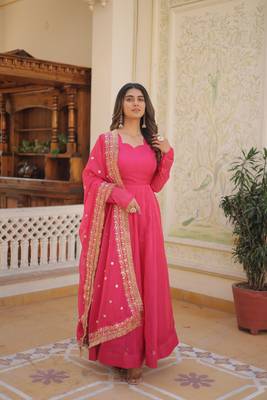 Women's pink russian silk kali pattern work in flair anarkali dress with dupatta 1