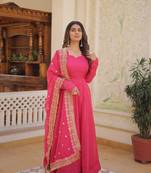 Women's pink russian silk kali pattern work in flair anarkali dress with dupatta