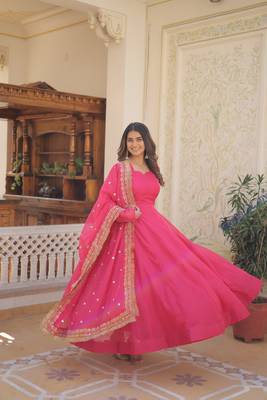 Women's pink russian silk kali pattern work in flair anarkali dress with dupatta 2