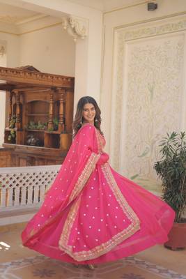 Women's pink russian silk kali pattern work in flair anarkali dress with dupatta 3