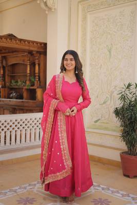 Women's pink russian silk kali pattern work in flair anarkali dress with dupatta 4