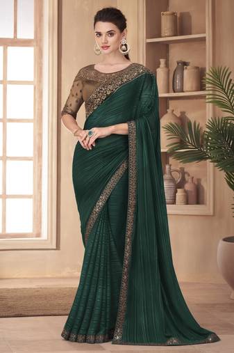 Dark Green Silk Embroidered Heavy Border Saree With Unstitched Blouse Piece