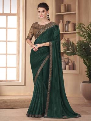 Trendmalls Dark Green Silk Embroidered Heavy Border Saree With Unstitched Blouse Piece 1