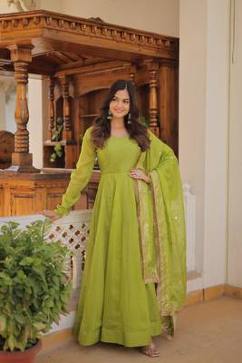 Women's green russian silk kali pattern work in flair anarkali dress with dupatta 1