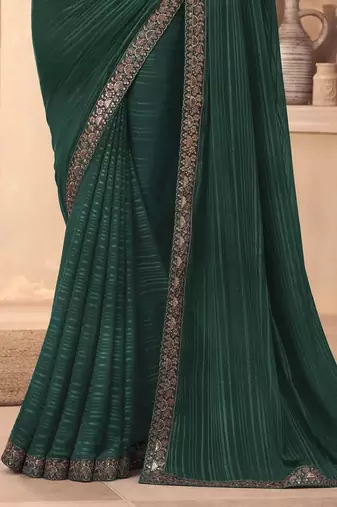 Trendmalls Dark Green Silk Embroidered Heavy Border Saree With Unstitched Blouse Piece