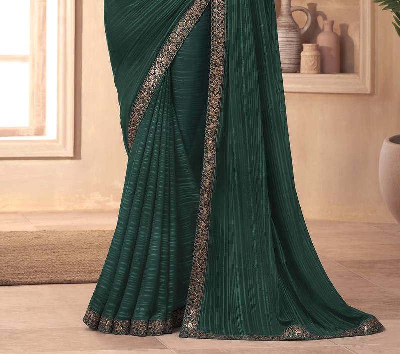 Dark Green Silk Embroidered Heavy Border Saree With Unstitched Blouse Piece
