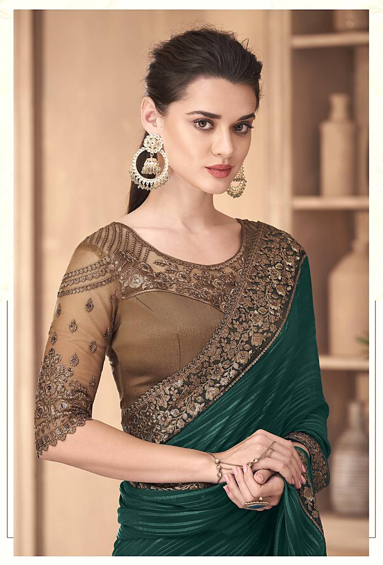 Dark Green Silk Embroidered Heavy Border Saree With Unstitched Blouse Piece