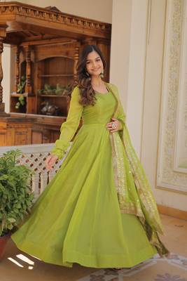Women's green russian silk kali pattern work in flair anarkali dress with dupatta 3