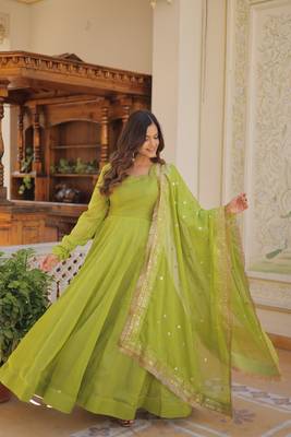 Women's green russian silk kali pattern work in flair anarkali dress with dupatta 4