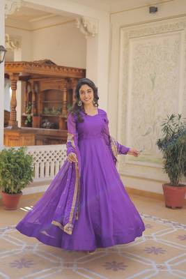 Women's purple russian silk kali pattern work in flair anarkali dress with dupatta 4