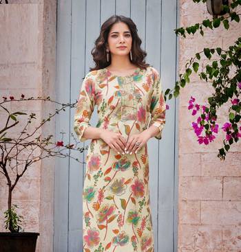 Cream floral print modal fabric full stitch kurtis 1