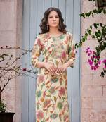 Cream floral print modal fabric full stitch kurtis