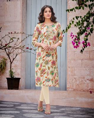 Cream floral print modal fabric full stitch kurtis 2