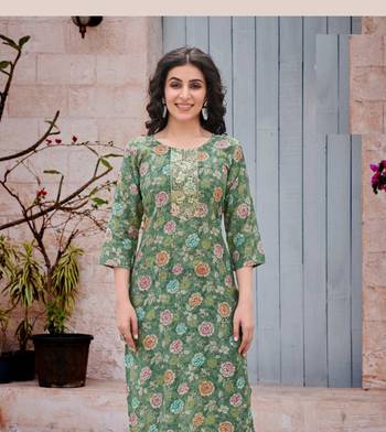 Light green floral print modal fabric full stitch kurtis 1