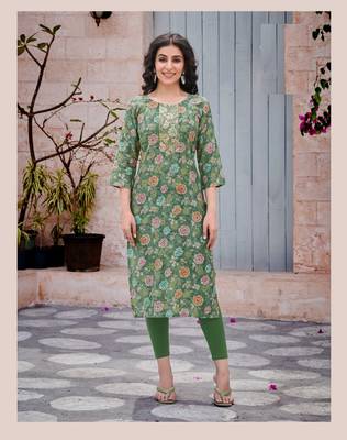 Light green floral print modal fabric full stitch kurtis 2