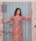 Light pink floral print modal fabric full stitch kurtis