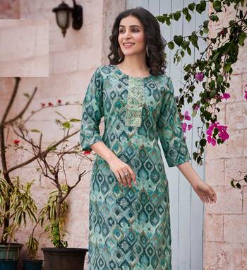 Blue floral print modal fabric full stitch kurtis 1
