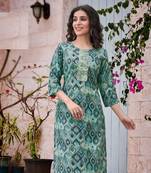 Blue floral print modal fabric full stitch kurtis