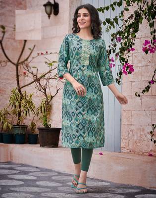 Blue floral print modal fabric full stitch kurtis 2