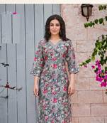 Grey floral print modal fabric full stitch kurtis