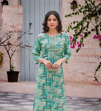 Aqua floral print modal fabric full stitch kurtis 1