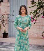 Aqua floral print modal fabric full stitch kurtis