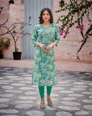 Aqua floral print modal fabric full stitch kurtis 2