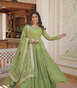 Women's parrot green faux georgette sequins embroidered anarkali dress with dupatta