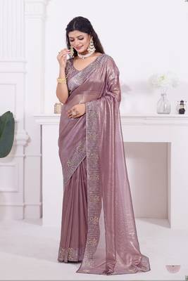 Women'S Lavender Zarkan Diamond Border Net Coding Work Embroidered Saree Sari With Blouse Piece 1