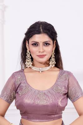 Women'S Lavender Zarkan Diamond Border Net Coding Work Embroidered Saree Sari With Blouse Piece 2
