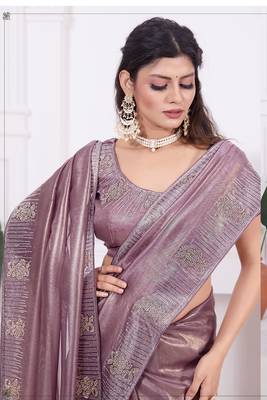 Women'S Lavender Zarkan Diamond Border Net Coding Work Embroidered Saree Sari With Blouse Piece 3