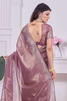 Women'S Lavender Zarkan Diamond Border Net Coding Work Embroidered Saree Sari With Blouse Piece 4