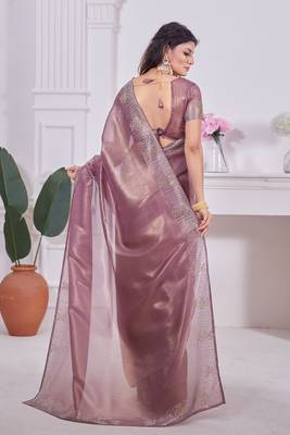 Women'S Lavender Zarkan Diamond Border Net Coding Work Embroidered Saree Sari With Blouse Piece 5