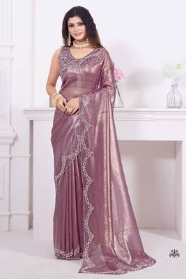 Women'S Purple Zarkan Diamond Border Net Coding Embroidered Saree Sari With Blouse Piece 1