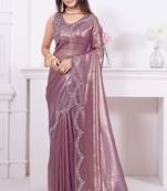 Women'S Purple Zarkan Diamond Border Net Coding Embroidered Saree Sari With Blouse Piece