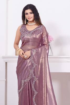 Women'S Purple Zarkan Diamond Border Net Coding Embroidered Saree Sari With Blouse Piece 2