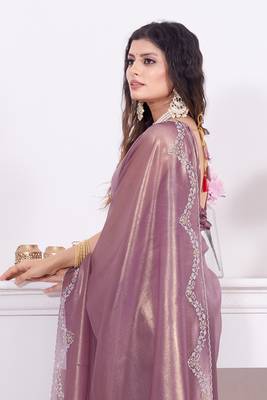 Women'S Purple Zarkan Diamond Border Net Coding Embroidered Saree Sari With Blouse Piece 3