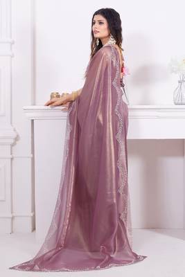Women'S Purple Zarkan Diamond Border Net Coding Embroidered Saree Sari With Blouse Piece 5